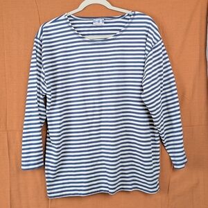 Basic Concepts Large Blue and White Striped Crew Neck Tee